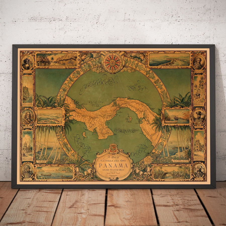Old Map of the Panama Canal, 1930 par Tripp - Panama City, Gatun, Bocas del Toro, îles Pearl, Baquete, Isla del Rey - cadeau sans cadre encadré