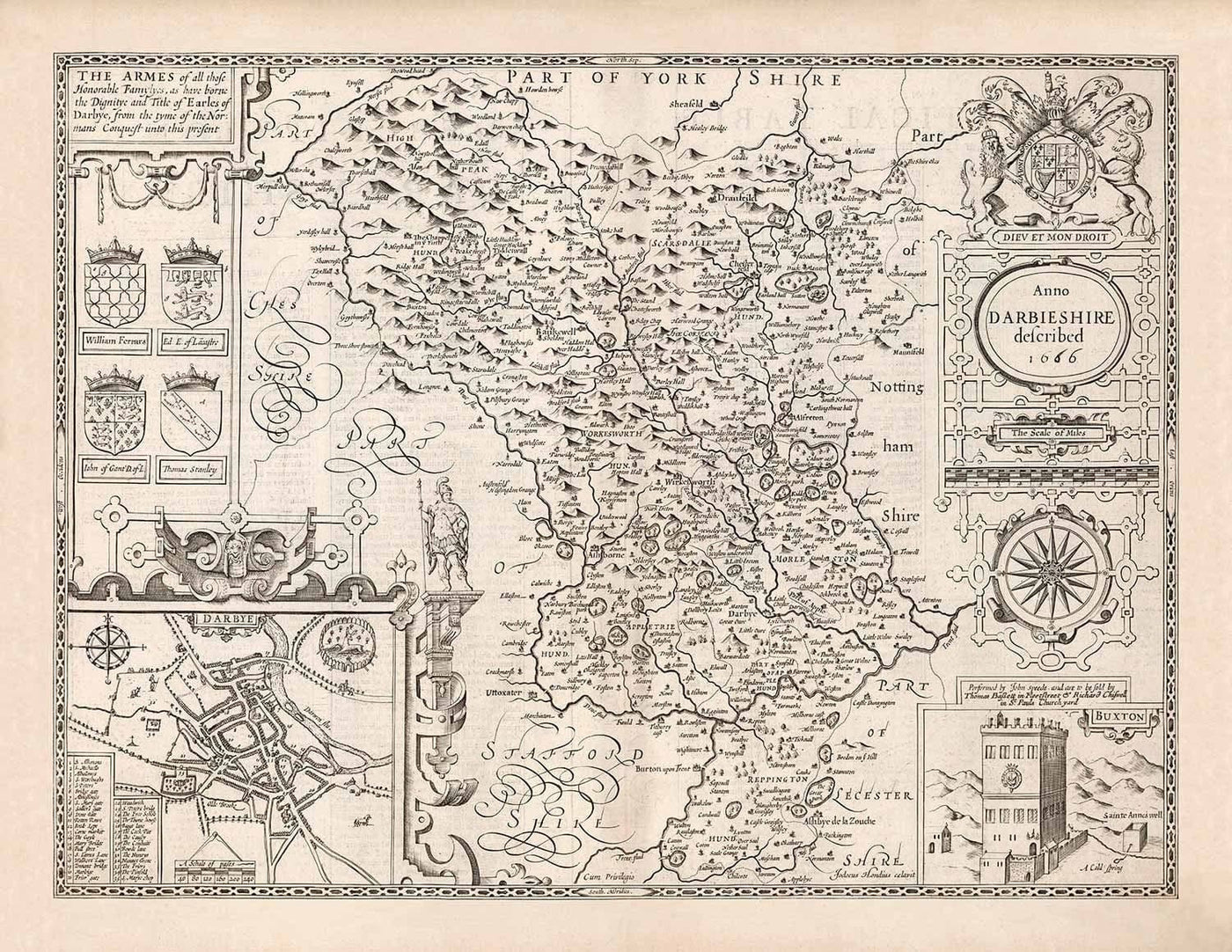 Old Monochrome Map of Derbyshire, 1611 by John Speed - Derby, Chesterfield, Buxton, Peak District