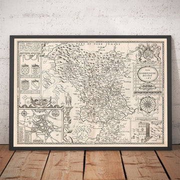 Old monochrome Carte of Derbyshire, 1611 par John Speed ​​- Derby, Chesterfield, Buxton, Peak District