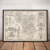 Alter monochromer Stadtplan von Derbyshire, 1611 von John Speed - Derby, Chesterfield, Buxton, Peak District 