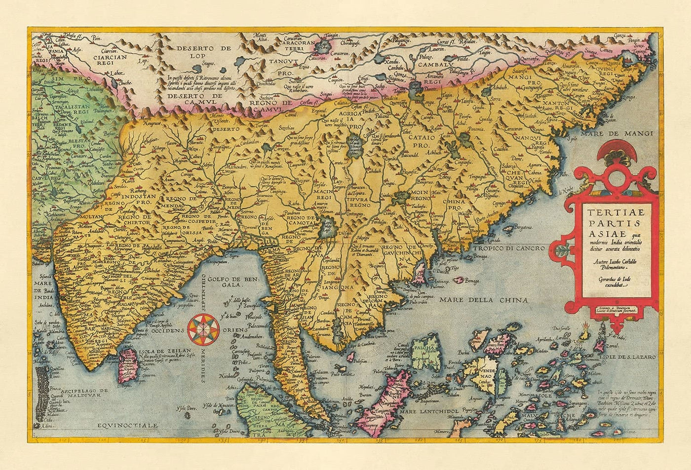 Old Map of India and East Asia, 1593 by de Jode - China, Nepal, Laos, Thailand, Sri Lanka, Philippines, Malaysia