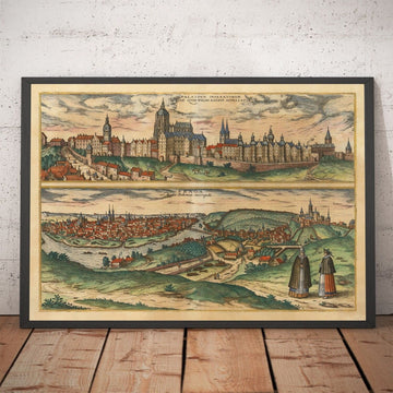 Old Map of Prague, Czechia by Georg Braun, 1572 - Bohemia, Castle, Vltava, Týn Teyn Church, Old Town, Mala Strana