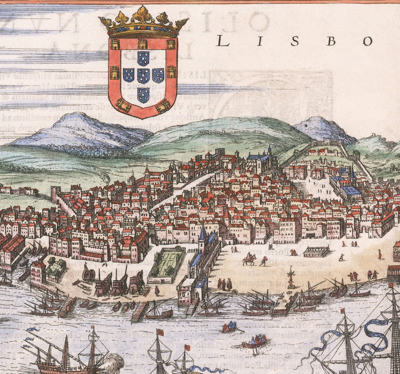 Old Map of Lisbon, Portugal by Georg Braun in 1572 - Castle, Cathedral, City Walls, Downtown, Old Streets