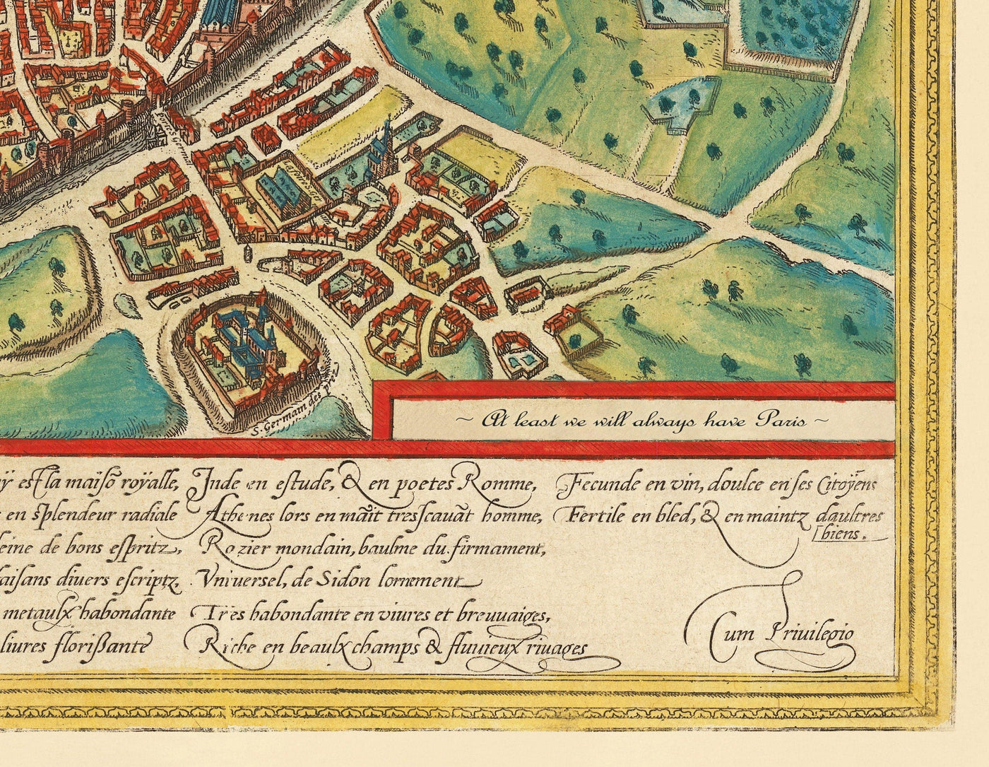 Old Map of Lisbon, Portugal by Georg Braun in 1572 - Castle, Cathedral, City Walls, Downtown, Old Streets