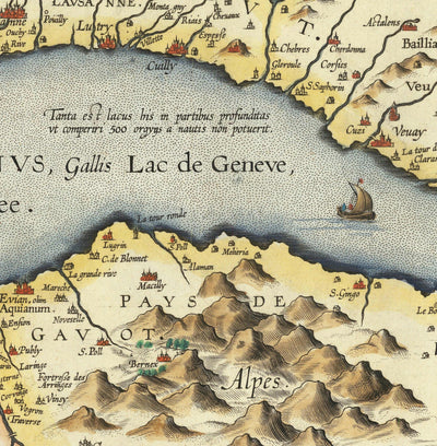 Old Map of Lake Geneva by Abraham Ortelius, 1573 - Lausanne, Montreux, Thonon-les-Bains, Evian, Nyon, Morges