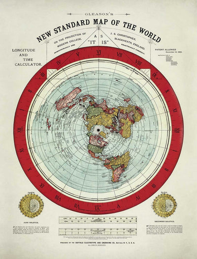 Old Flat Earth World Map, 1892, by Alexander Gleason - Rare Patented Polar Azimuthal Projection