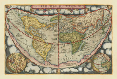Very Old World Map, 1571 by Gerard De Jode - Cordiform Projection, Cherubs, Antarctica, Atlas, Early Colonialism