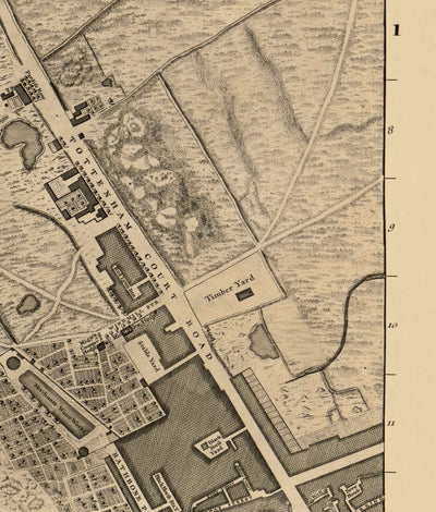 Old Map of London by John Rocque, 1746, B1 - Oxford Street, Tottenham Court Road, Fitzrovia, Soho & Cavendish Square