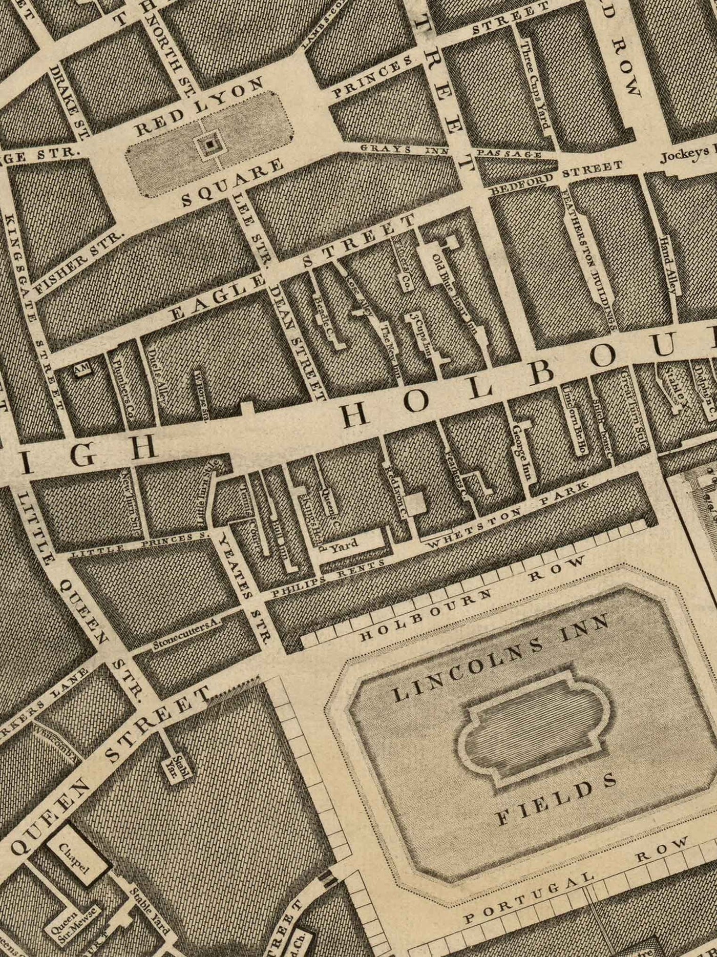 Old Map of London by John Rocque, 1746, C1 - Holborn, Russell & Bloomsbury Square, Lincoln's and Gray's Inn, Camden