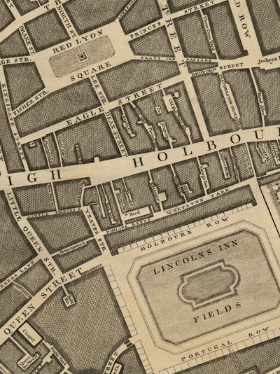Old Map of London by John Rocque, 1746, C1 - Holborn, Russell & Bloomsbury Square, Lincoln's and Gray's Inn, Camden
