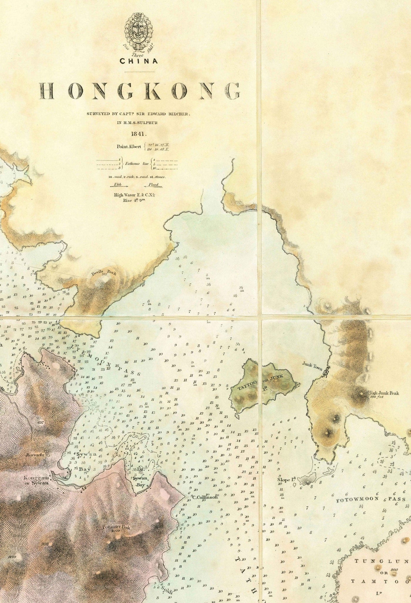 The First Map of Hong Kong, 1843 - Old Admiralty Navy Chart - Kowloon, Victoria Bay, Early British Colony