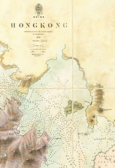La première carte de Hong Kong, 1843 - Old Admiralty Navy Chart - Kowloon, Victoria Bay, Early British Colony