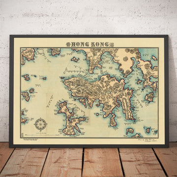 Old Map of Hong Kong, 1924 by Sung Chun Wa - Central, Kowloon, Causeway, Victoria Harbour, Islands, Mountains, Lamma