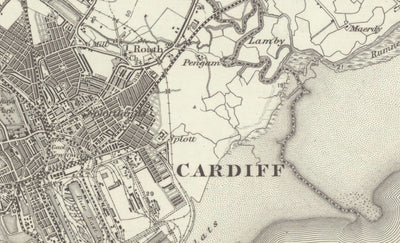 Old Map of Cardiff, Wales in 1867 - Caerdydd, Penarth, Sully, Barry, Llandaff, Castle, Suburbs, Mouth of the Severn
