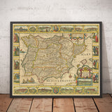Old Map of Spain & Portugal, 1659 par Jan Jansson - Madrid, Lisbonne, Barcelone, Catalogne, Valence, Iberia, Méditerranée