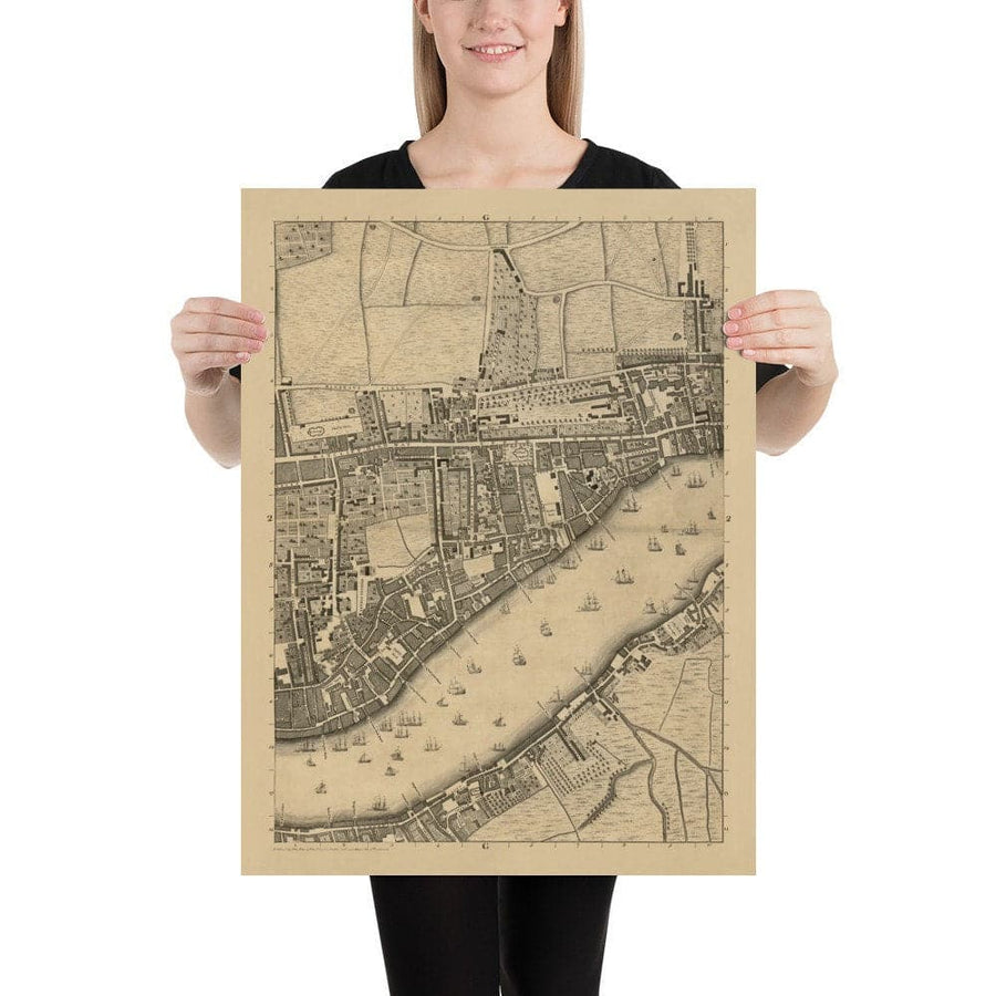 Mappa antica di John Rocque Londra, 1746, G2 - Wapping, Shadwell, Rotherhithe, Tamigi, Tower Hamlets, E1W, Southwark 