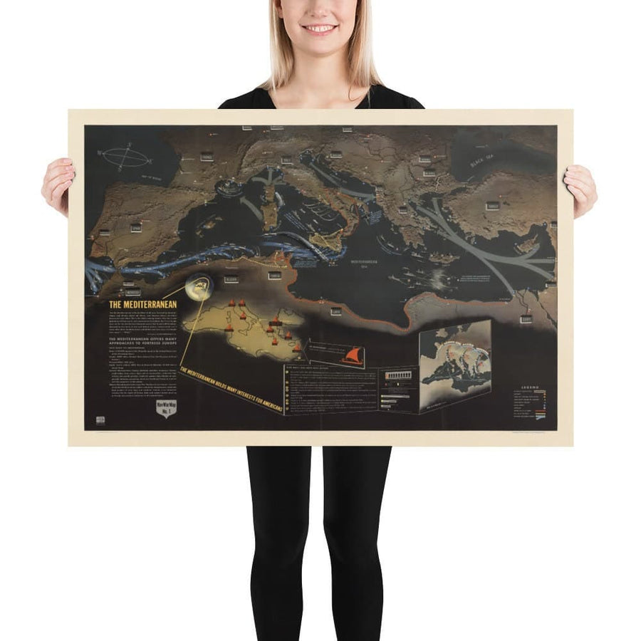 Old World War 2 Map: Mediterranean, 1944 - NavWarMap No.1 - South Europe & North Africa - Italy, Spain, France