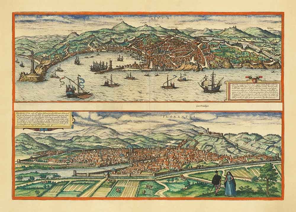 Old Map of Florence & Genoa, 1572 by Braun - Duomo, Palazzo Vecchio, Arno River, San Lorenzo, Cathedrals, Forts