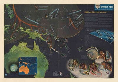 Old World War 2 Map: South West Pacific, 1944 - NavWarMap No. 5 - Australia, New Guinea, Indonesia Philippines, Islands