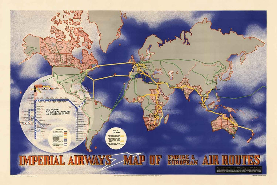 Mappa del Mondo delle Imperial Airways, 1937 - Mappa Antica del Impero Britannico in Stile Bauhaus di Laszlo Moholy-Nagy - Rotte Aeree a Lungo Raggio 