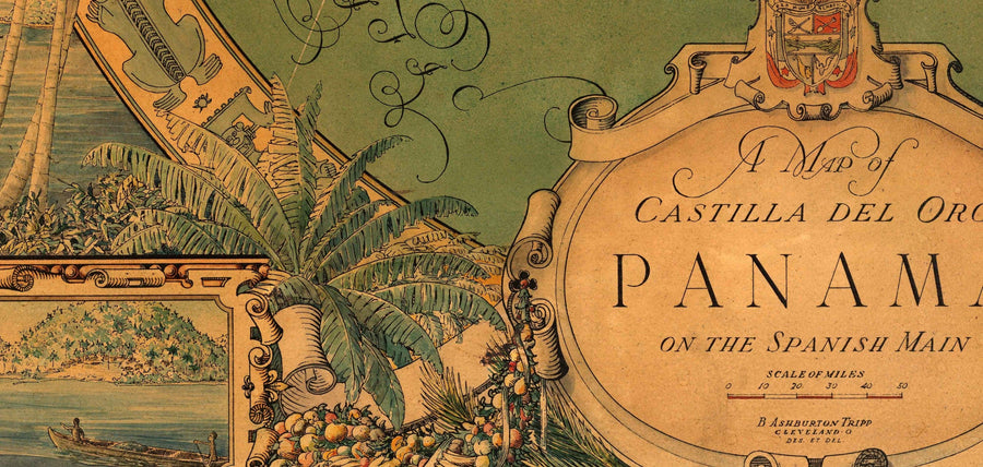 Old Map of the Panama Canal, 1930 par Tripp - Panama City, Gatun, Bocas del Toro, îles Pearl, Baquete, Isla del Rey - cadeau sans cadre encadré