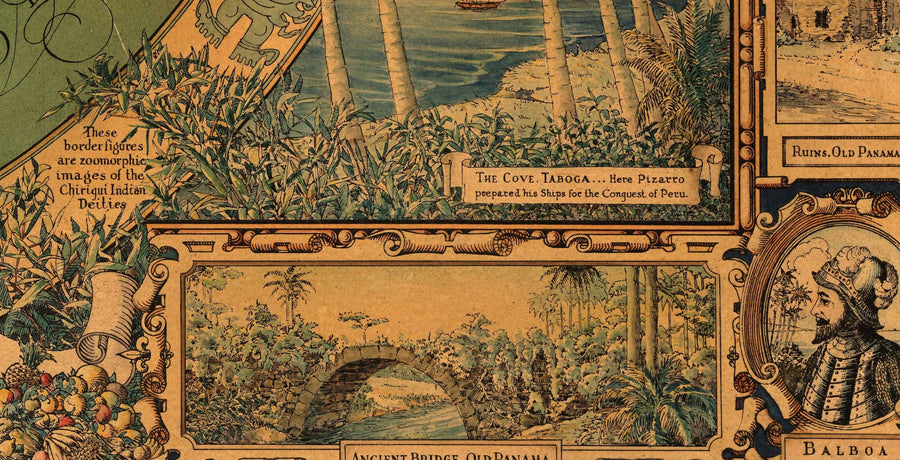 Old Map of the Panama Canal, 1930 par Tripp - Panama City, Gatun, Bocas del Toro, îles Pearl, Baquete, Isla del Rey - cadeau sans cadre encadré