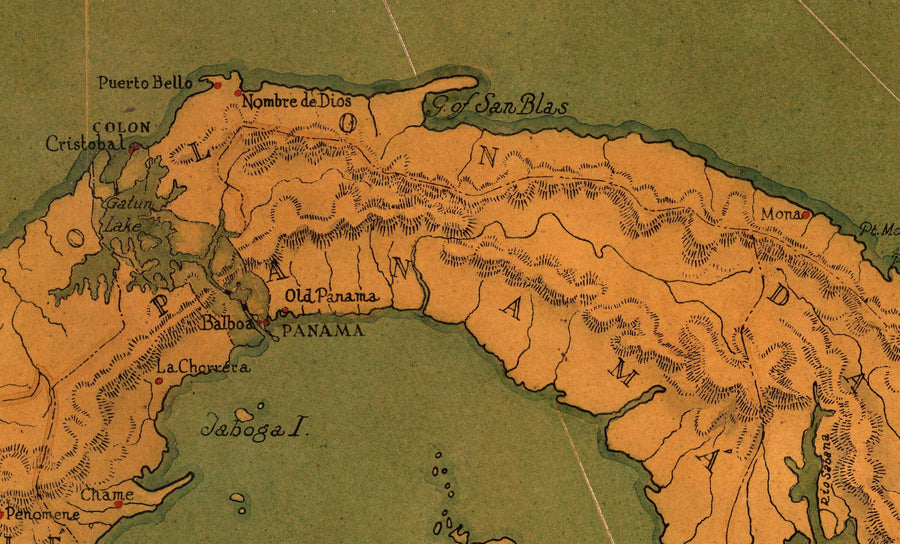 Old Map of the Panama Canal, 1930 par Tripp - Panama City, Gatun, Bocas del Toro, îles Pearl, Baquete, Isla del Rey - cadeau sans cadre encadré