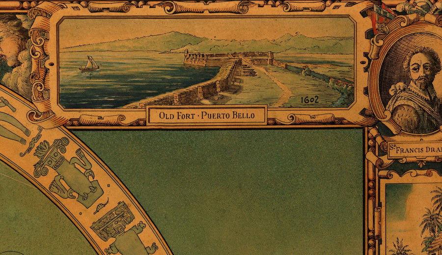 Old Map of the Panama Canal, 1930 par Tripp - Panama City, Gatun, Bocas del Toro, îles Pearl, Baquete, Isla del Rey - cadeau sans cadre encadré