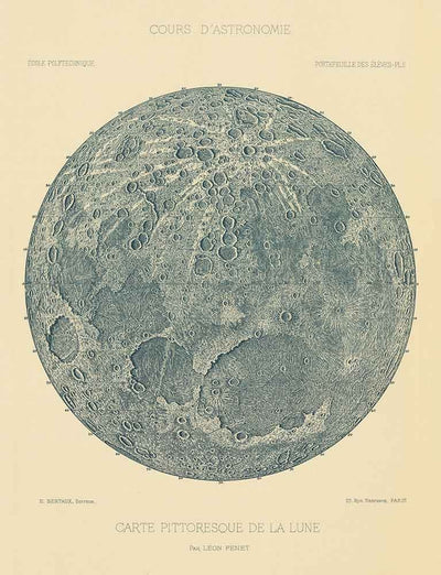 Old Moon Illustration, 1888 by Leon Fenet - French Lunar Chart Lithograph