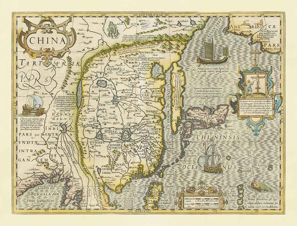 Old Map of China, 1606 by Jodocus Hondius - Korea, Japan, Great Wall, South East Asia, Orient, Weird Sea Monsters