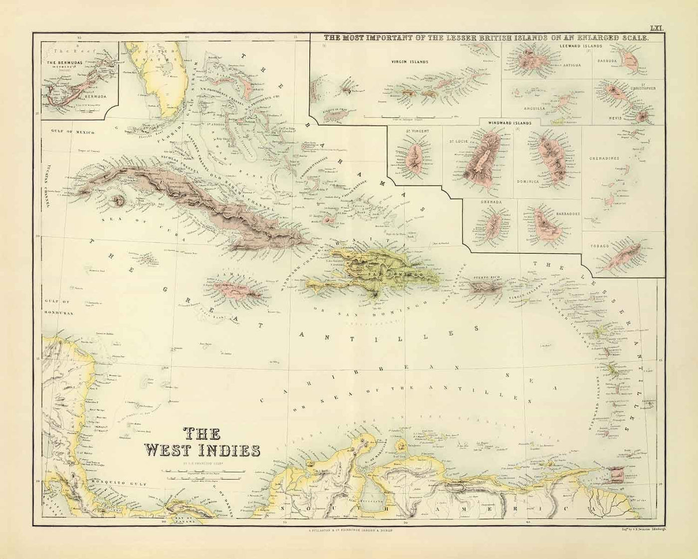 Old Map of the West Indies, 1872 by Fullarton - Bermuda, Cuba, Haiti, Puerto Rico, Jamaica, Bahamas, Antilles, Colonial Caribbean Sea