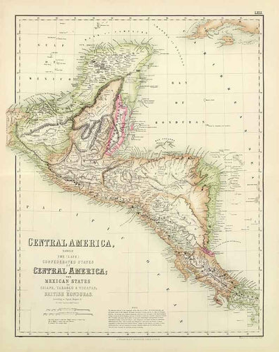 Old Map of Central America & Mayan Cities and Ruins, 1872 by Fullarton - Panama, Costa Rica, Nicaragua, Guatemala, Belize