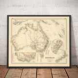 Mapa antiguo de Australia y Nueva Zelanda, 1872 por Fullarton - Tasmania, Van Diemens Land, Sydney, Auckland, Victoria, NSW