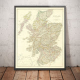 Old Map of Scotland, 1846 by Arrowsmith - Beautiful Handcoloured Victorian Atlas - Counties, Cities, Roads