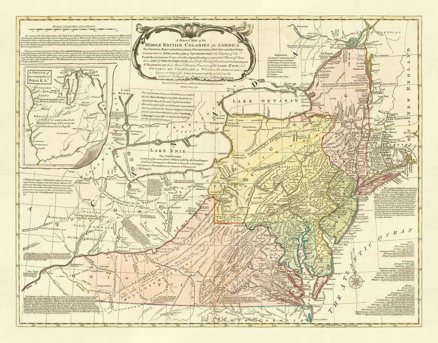 Mappa antica delle colonie britanniche in America 1755 di Evans & Bowles - Insediamenti europei e nativi, USA pre-indipendenza 