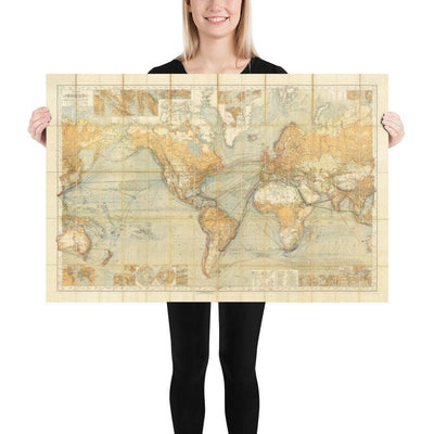 Old Shipping Lanes World Map, 1873 by Berghaus - Giant Atlas Chart - Sea Transport, Railroads, Harbours, Steamers