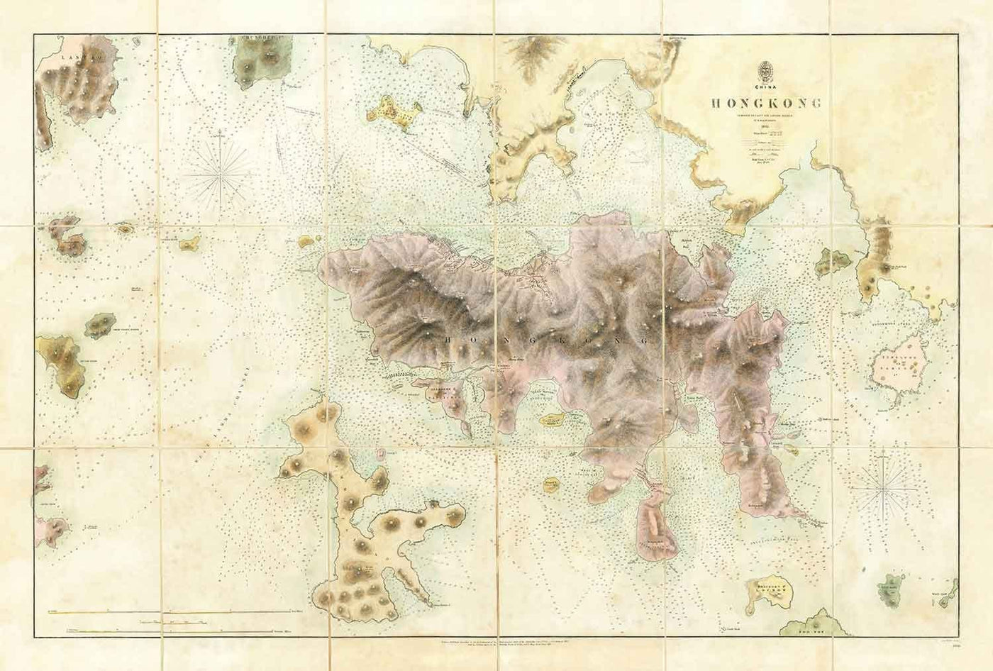 Die erste Karte von Hongkong, 1843 - Old Admiralty Navy Chart - Kowloon, Victoria Bay, frühe britische Kolonie