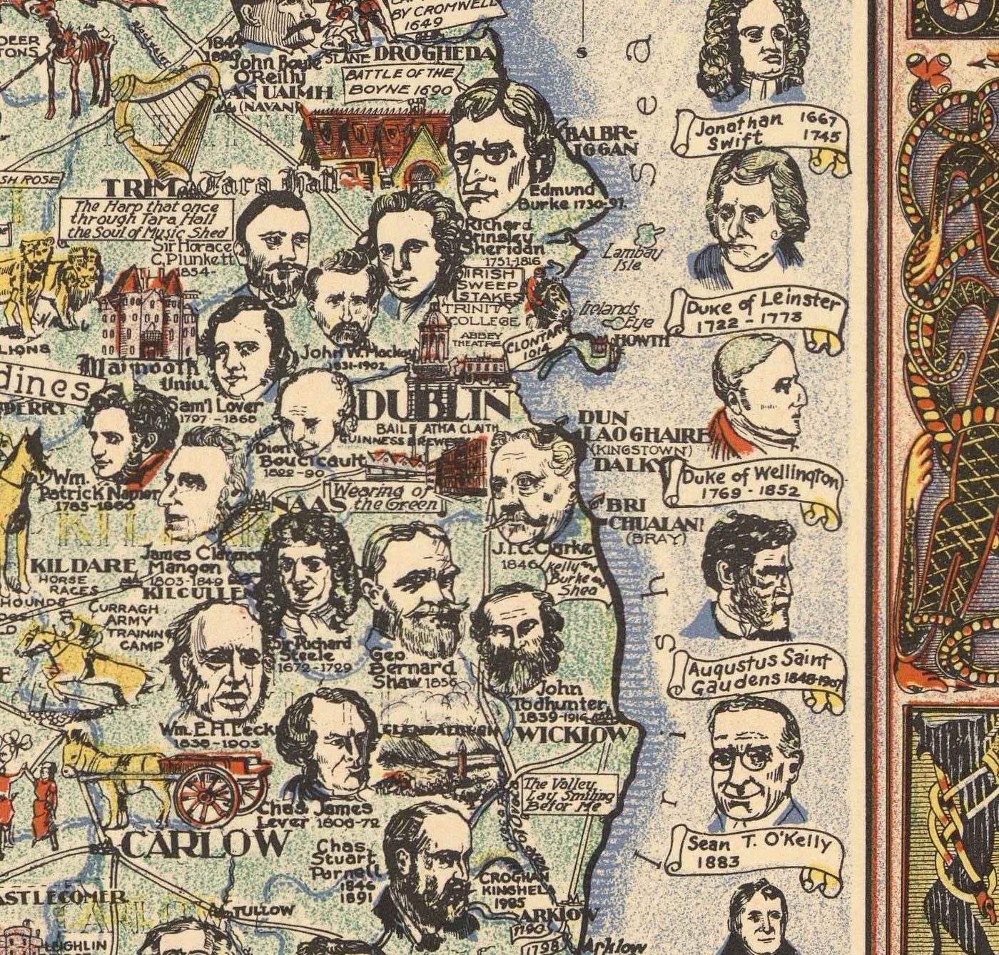 Story Map of Ireland, 1936 - Old Pictorial Chart of Eire - Historical Figures, Dublin, Cork, Belfast, Bernard Shaw