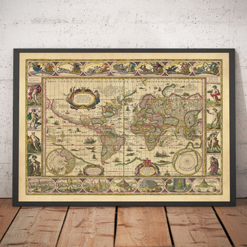 Alte Weltkarte, 1635 von Willem Blaeu - Seltenes Meisterwerk-Atlas - Sieben Wunder, mythische Inseln, römische Götter, Seeungeheuer! 