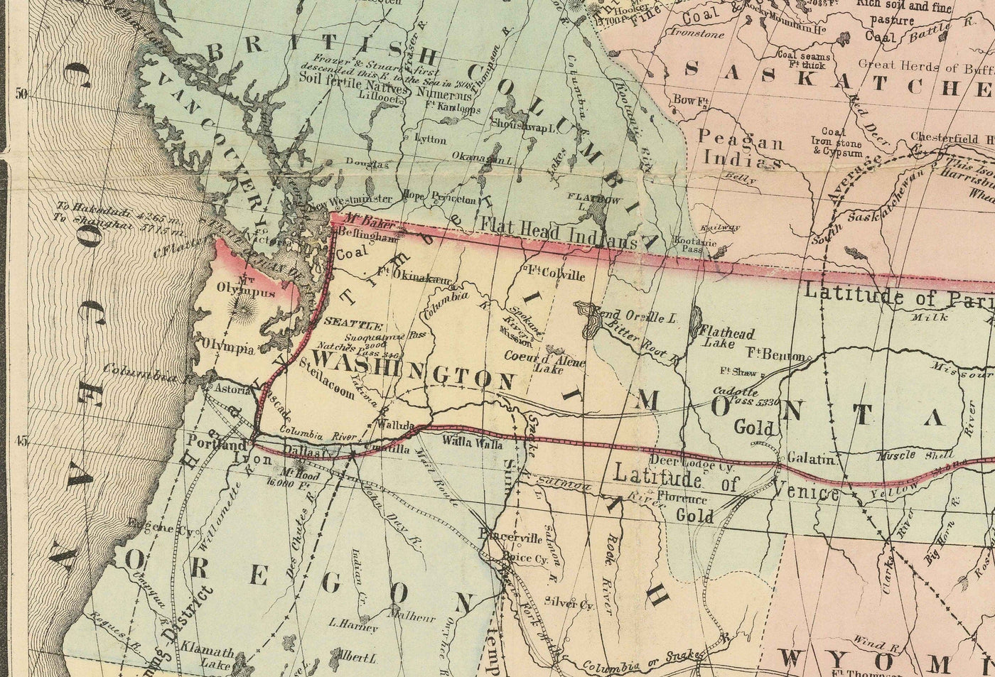 Old Map of the Northern Pacific Railway, 1870 by Traubel - Railroads in Canada & USA - Great Lakes, States