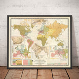 Antiguo mapa mundial de las religiones, 1854 - Creencias religiosas en el siglo XIX - Budistas, protestantes, católicos, musulmanes, judíos, paganos