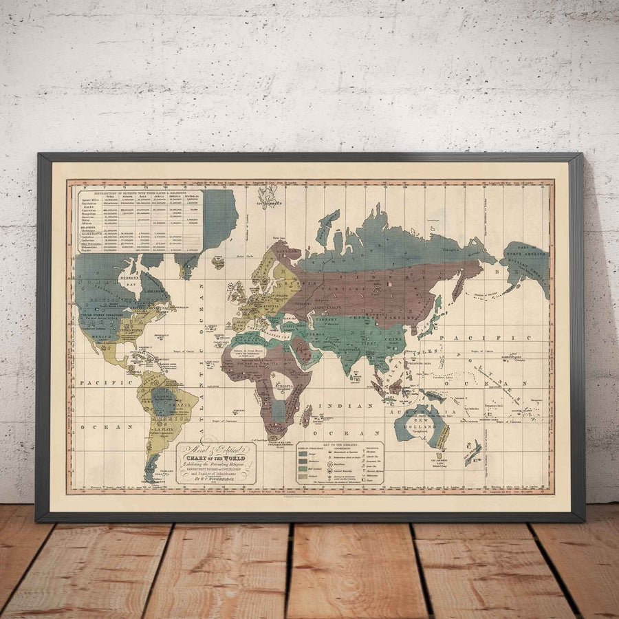 Mappa Politica Mondiale Antica, 1828 - Credenze Religiose Storiche, Governo, Livello di Civiltà, Barbari e Selvaggi 