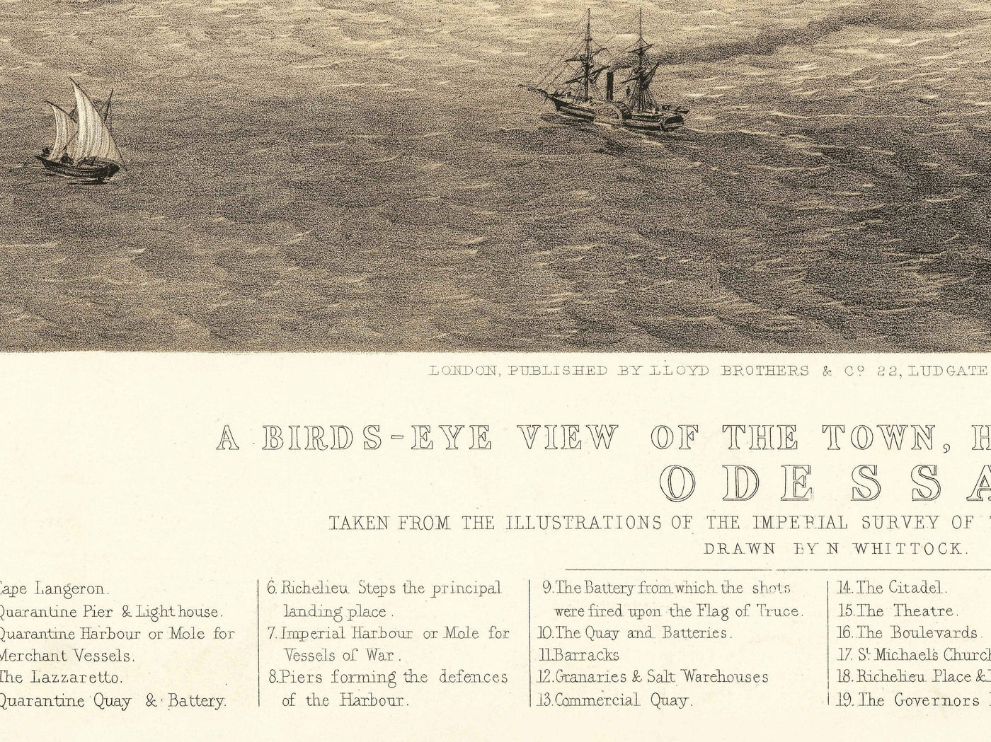 Old Map of Odessa, Ukraine, 1855 - Black Sea Harbour Town - Forts, Citadel, City Centre - Birds-Eye Illustration