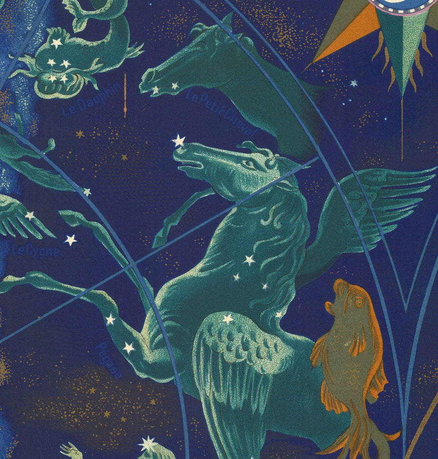 Mappa del mondo Celeste e Zodiacale della vecchia Air France, 1959 di Bucher - Carta storica delle rotte aeree, Costellazioni 