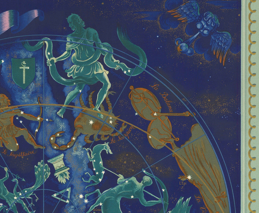 Mappa del mondo Celeste e Zodiacale della vecchia Air France, 1959 di Bucher - Carta storica delle rotte aeree, Costellazioni 