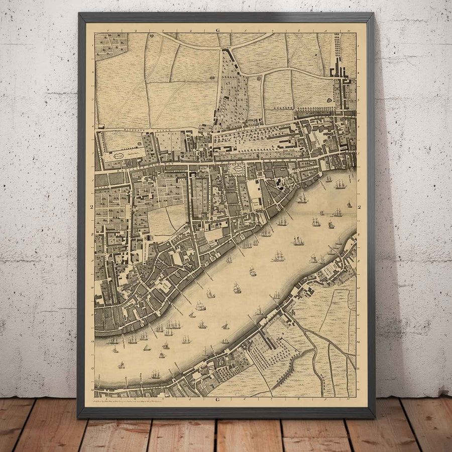 Mappa antica di John Rocque Londra, 1746, G2 - Wapping, Shadwell, Rotherhithe, Tamigi, Tower Hamlets, E1W, Southwark 