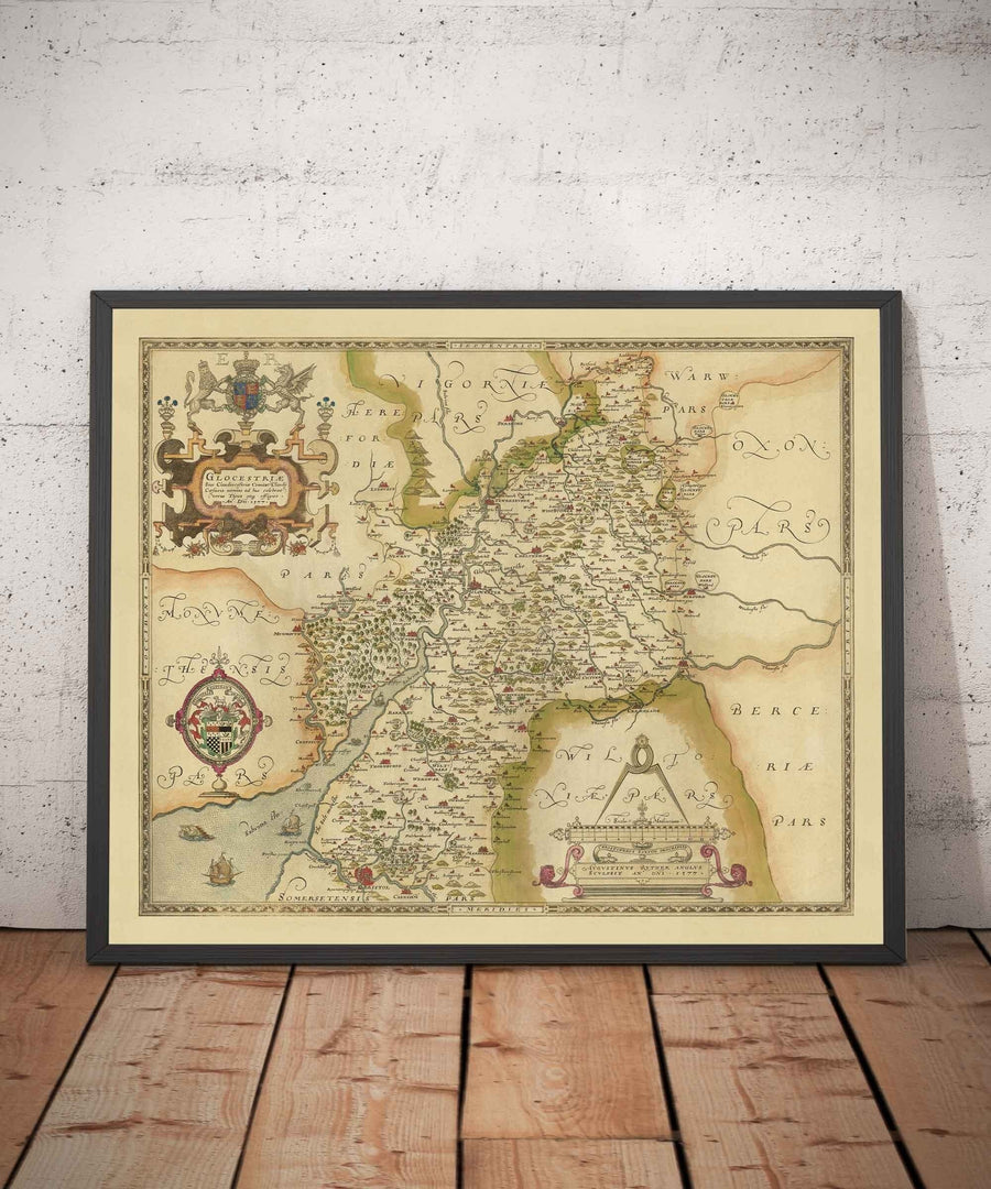 Rara Mappa Antica del Gloucestershire, 1575 di Saxton - Bristol, Cheltenham, Cotswolds, Tewkesbury, Cirencester, Stroud 