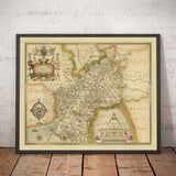 Raro mapa antiguo de Gloucestershire, 1575 por Saxton - Bristol, Cheltenham, Cotswolds, Tewkesbury, Cirencester, Stroud