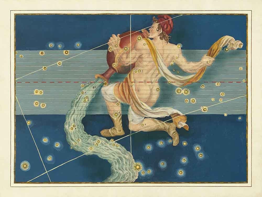 Old Star Map of Aquarius, 1603 by Johann Bayer - Zodiac Astrology Chart - The Water Carrier Horoscope Sign