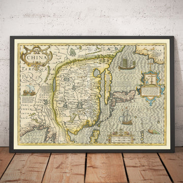 Ancienne carte de la Chine, 1606 par Jodocus Hondius - Corée, Japon, Grande Muraille, Asie du Sud-Est, Orient, Monstres marins étranges